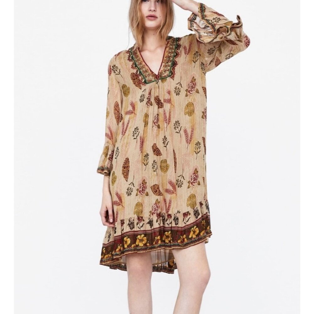 Zara Tunic Mini Dress Medium Size Embroidered Beaded Boho Bell Sleeve Lined
